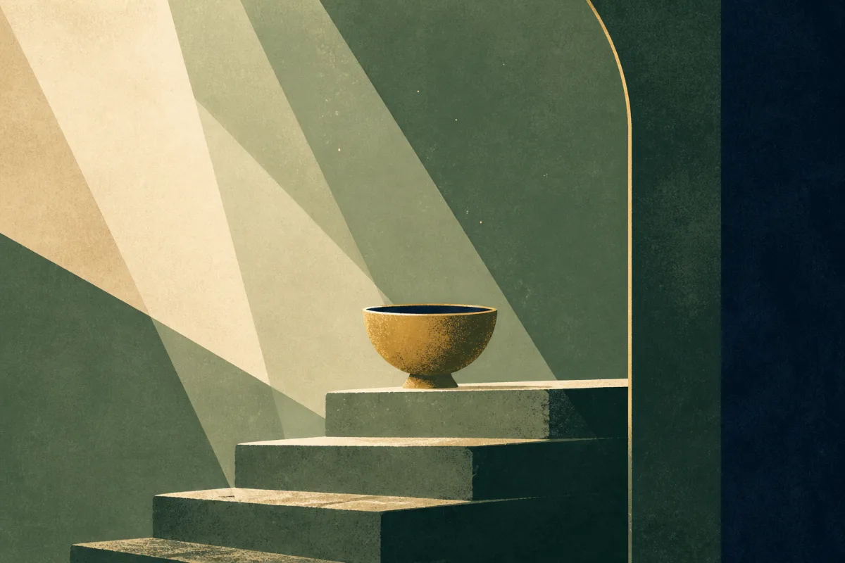 Ilustração em estilo gráfico: degraus de pedra gastos em subida, em tons de verde musgo e verde salvia.