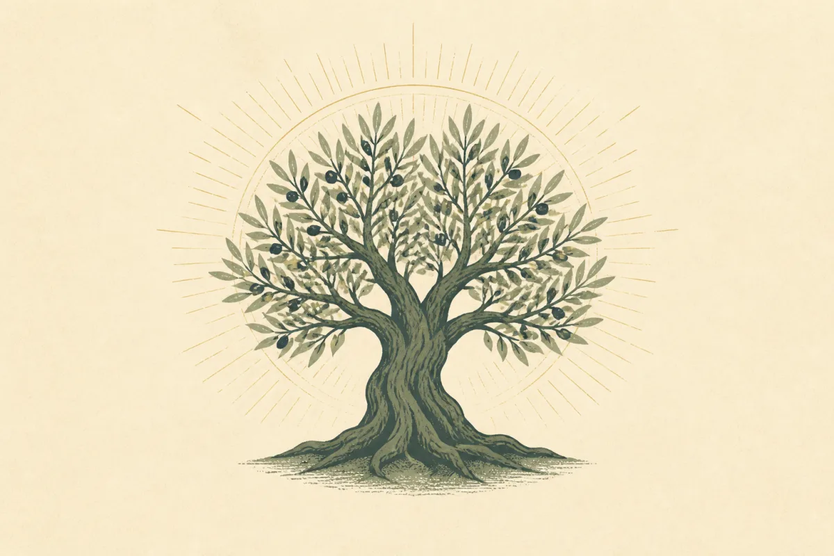 Ilustração em estilo gráfico: uma oliveira madura com tronco retorcido, em tons de verde musgo e verde salvia.