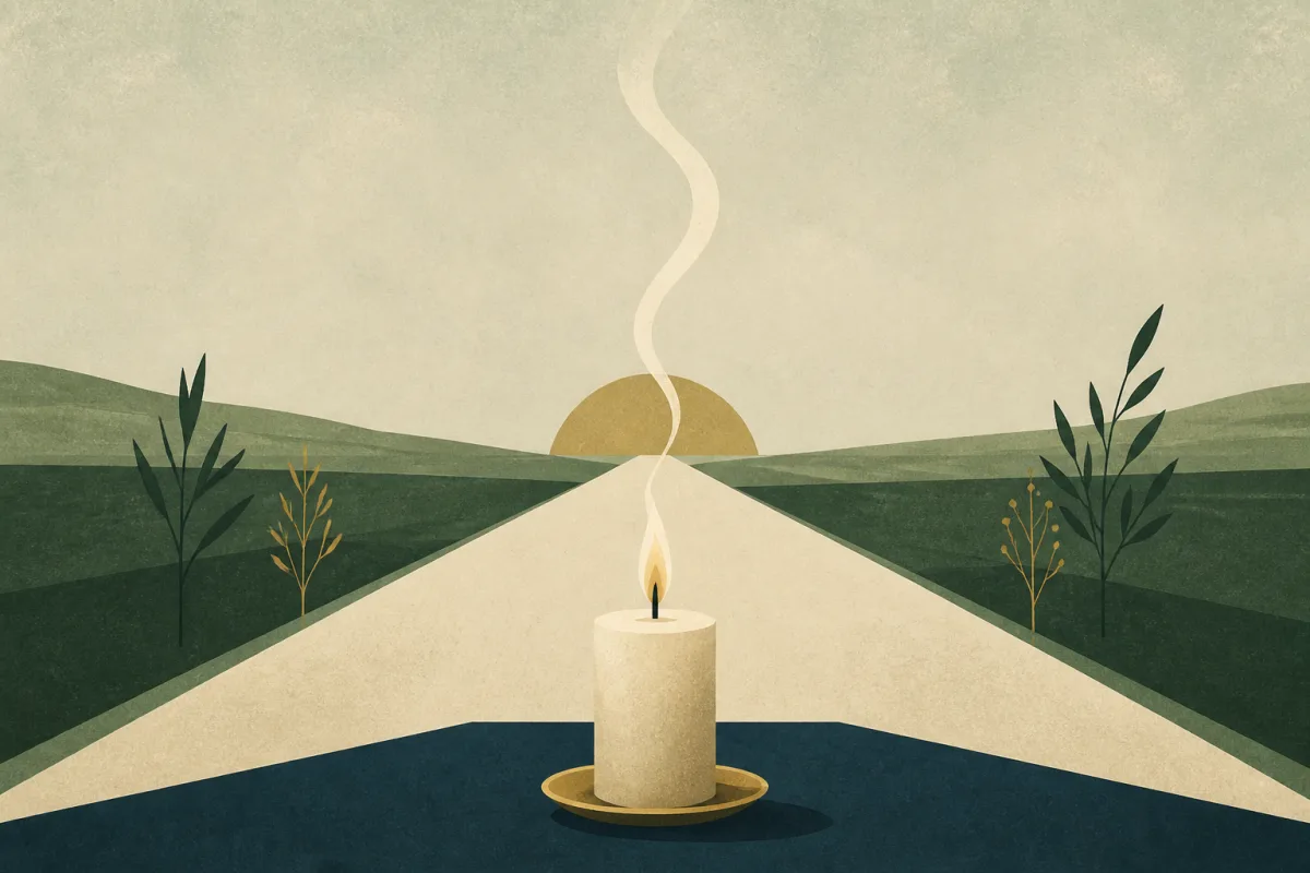 Ilustração em estilo gráfico: uma vela acesa com um fino fio de fumaça, em tons de verde musgo e verde salvia.