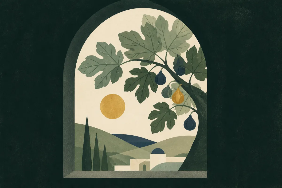 Ilustração em estilo gráfico: uma figueira com folhas largas, em tons de verde musgo e verde salvia.
