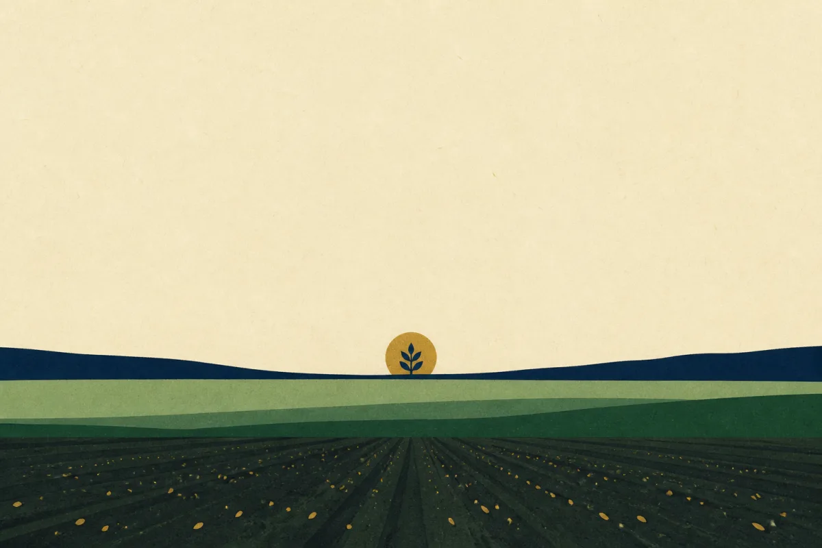 Ilustração em estilo gráfico: sementes espalhadas sobre terra arada, em tons de verde musgo e verde salvia.