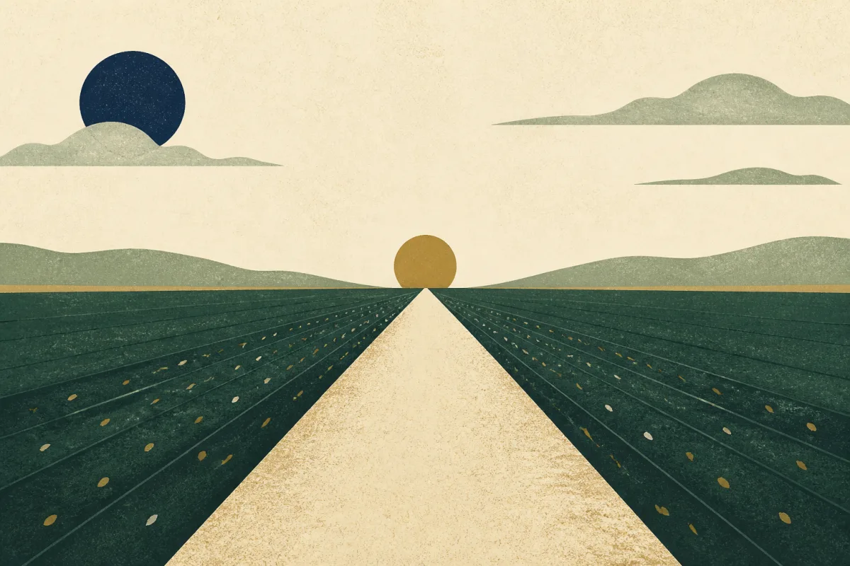 Ilustração em estilo gráfico: sementes espalhadas sobre terra arada, em tons de verde musgo e verde salvia.
