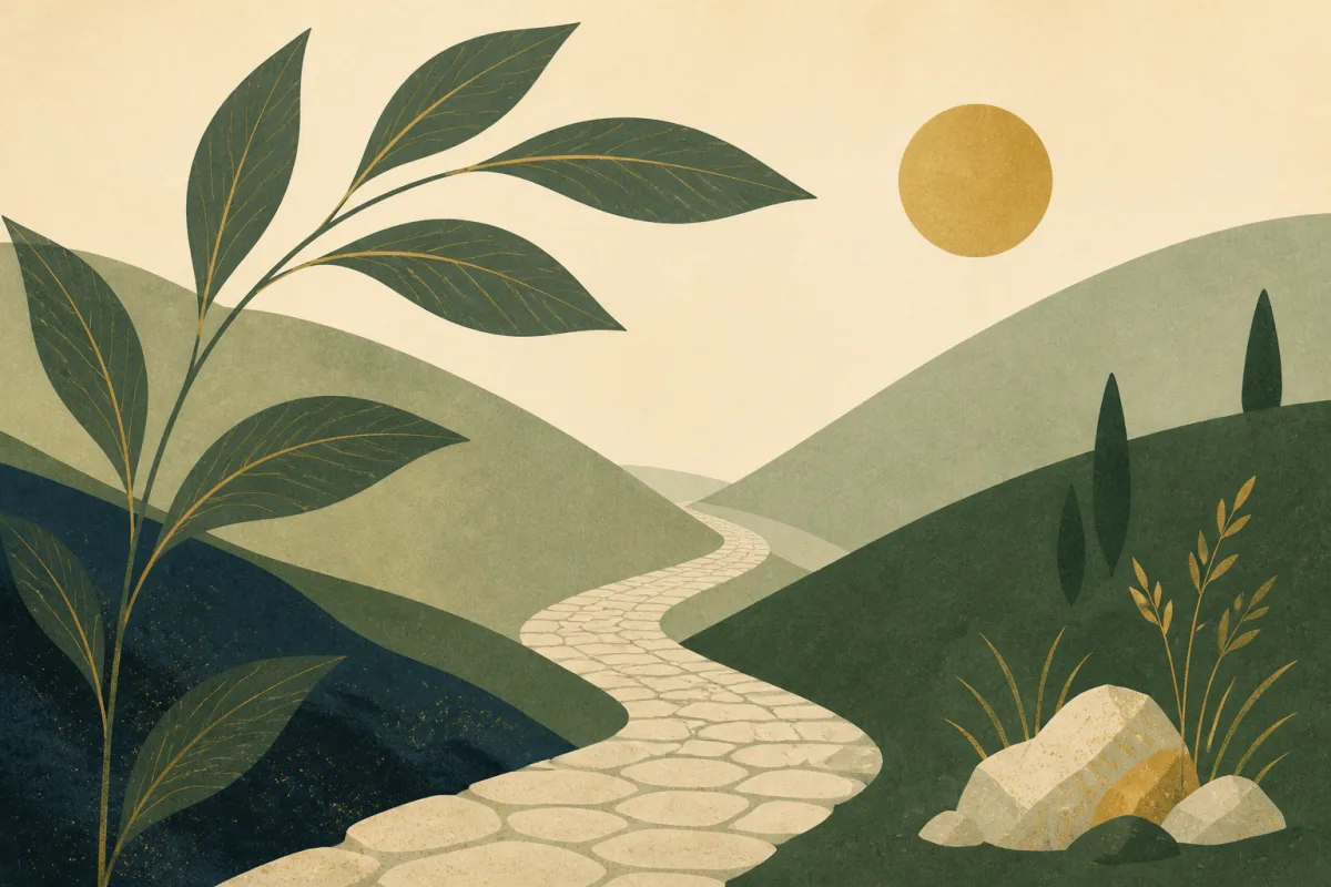 Ilustração em estilo gráfico: um caminho estreito de pedra serpenteando entre colinas, em tons de verde musgo e verde salvia.