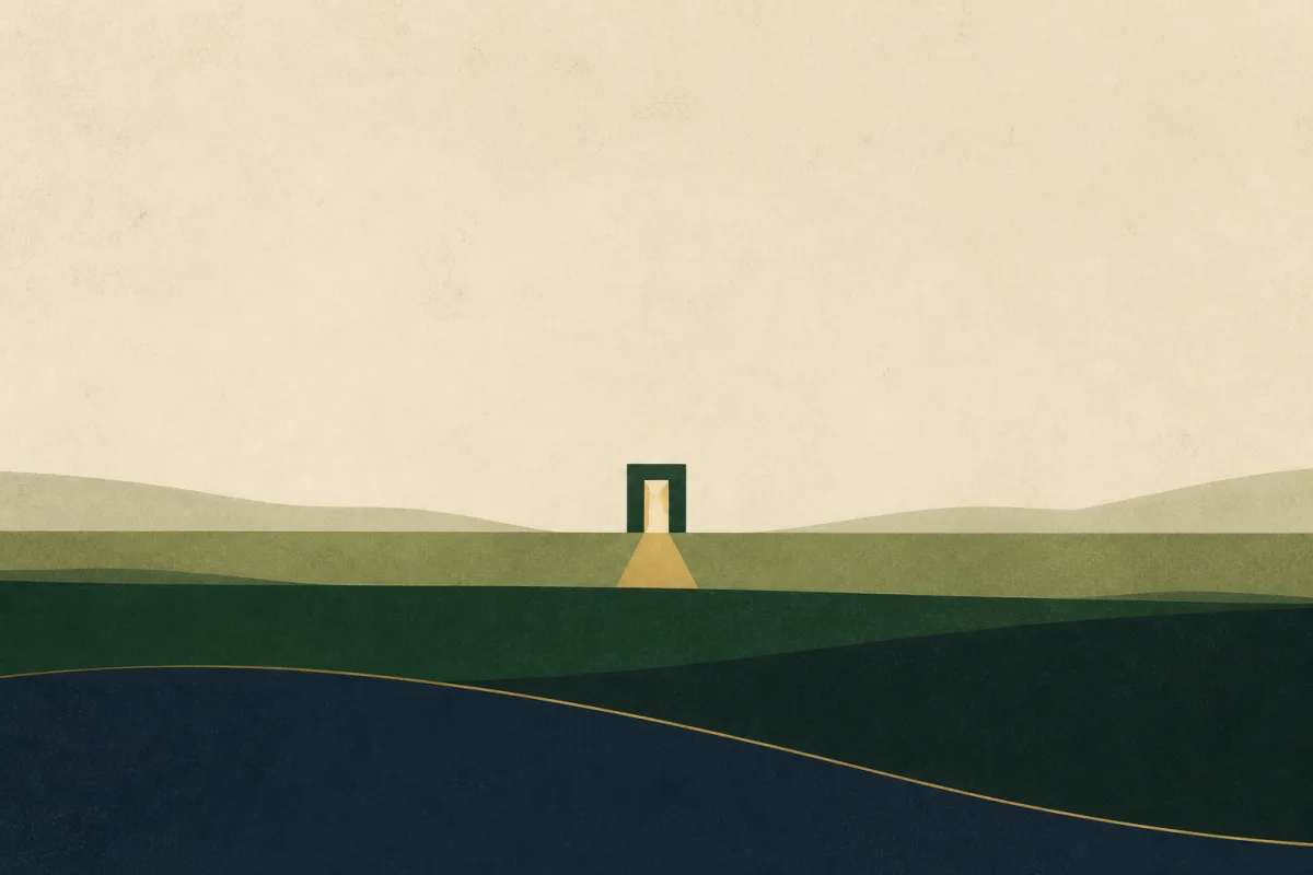 Ilustração em estilo gráfico: uma porta simples com luz além dela, em tons de verde musgo e verde salvia.