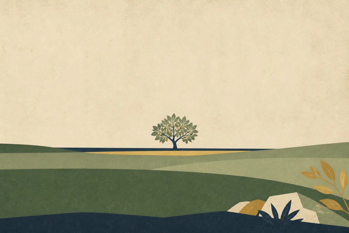 Ilustração em estilo gráfico: uma figueira com folhas largas, em tons de verde musgo e verde salvia.