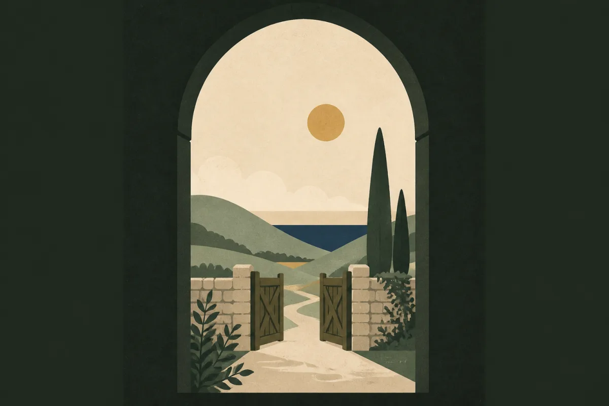 Ilustração em estilo gráfico: um portão de madeira aberto em um muro baixo de pedra, em tons de verde musgo e verde salvia.