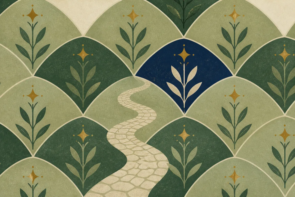 Ilustração em estilo gráfico: um caminho estreito de pedra serpenteando entre colinas, em tons de verde musgo e verde salvia.