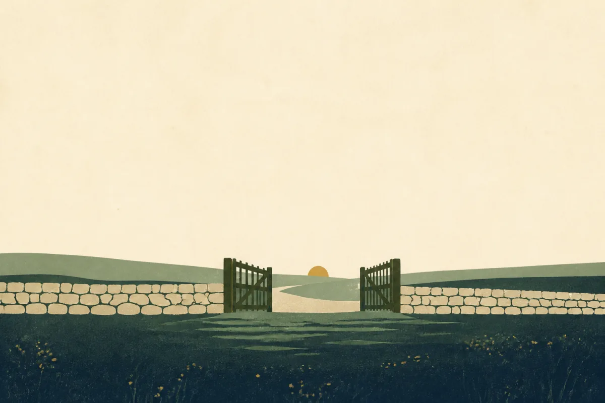 Ilustração em estilo gráfico: um portão de madeira aberto em um muro baixo de pedra, em tons de verde musgo e verde salvia.