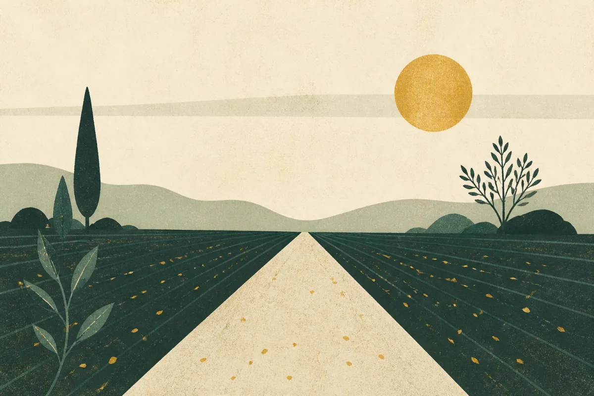 Ilustração em estilo gráfico: sementes espalhadas sobre terra arada, em tons de verde musgo e verde salvia.