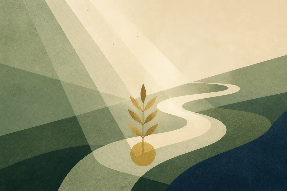 Ilustração em estilo gráfico: um rio sinuoso visto de cima, em tons de verde musgo e verde salvia.