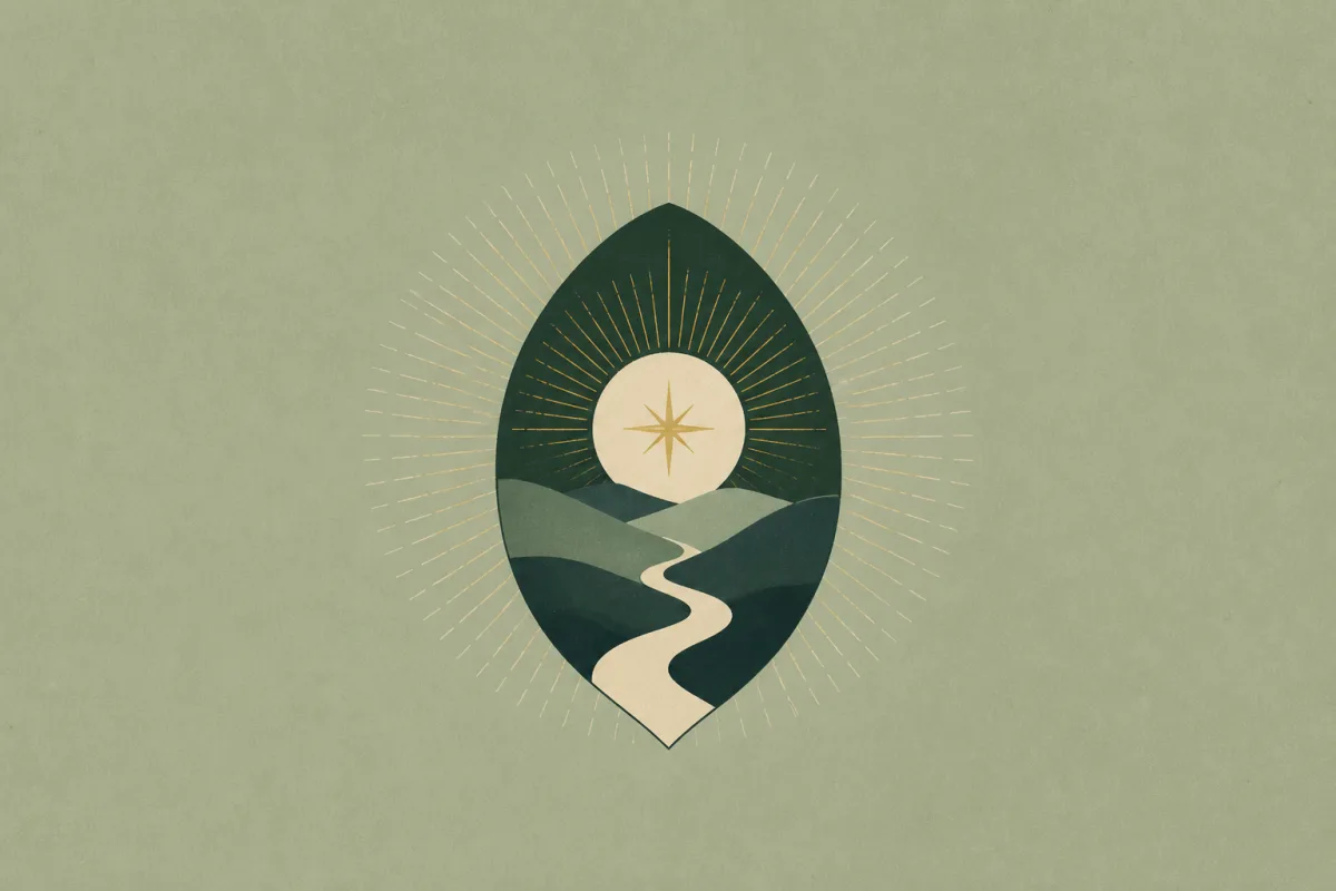 Ilustração em estilo gráfico: um caminho estreito de pedra serpenteando entre colinas, em tons de verde musgo e verde salvia.
