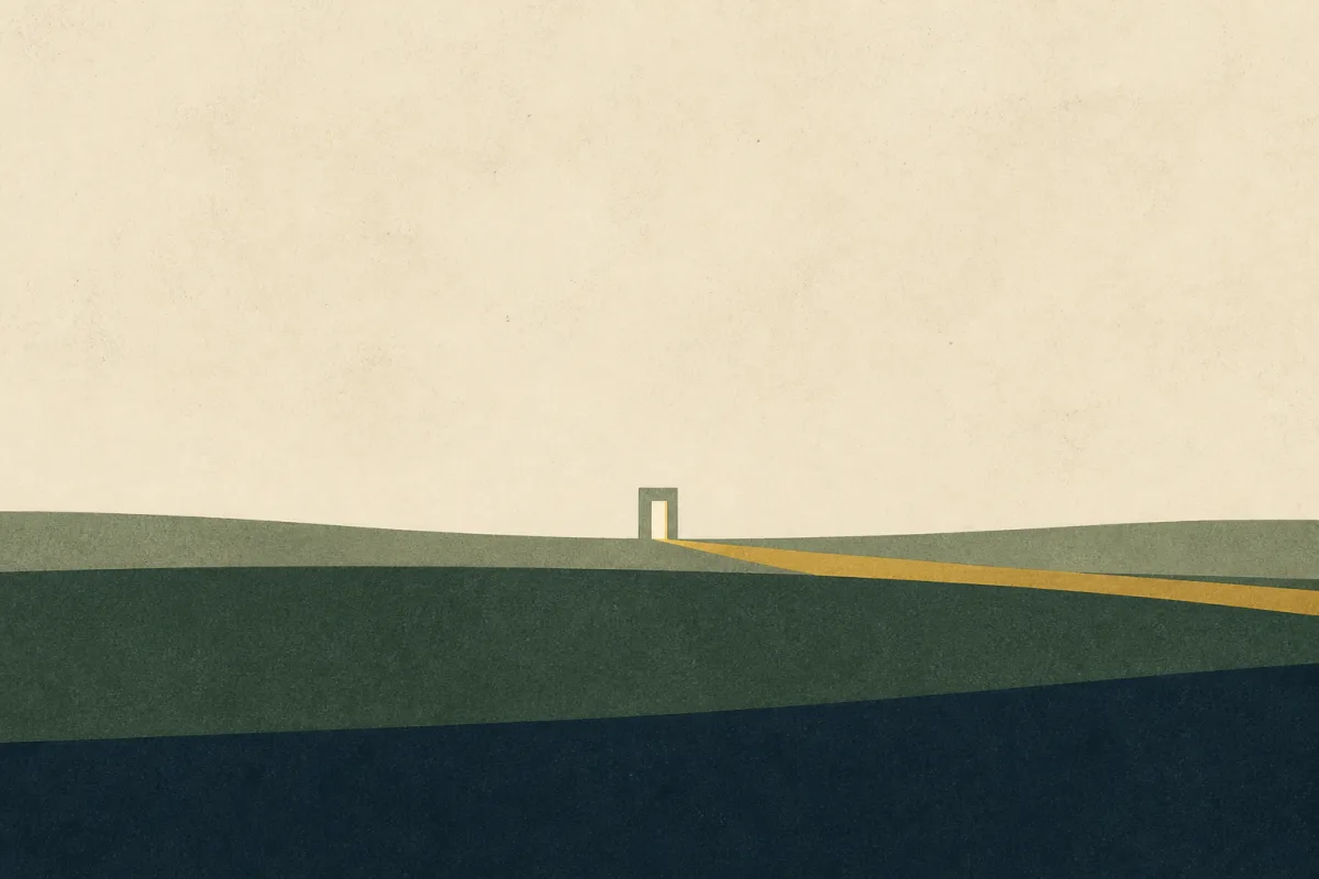 Ilustração em estilo gráfico: uma porta simples com luz além dela, em tons de verde musgo e verde salvia.