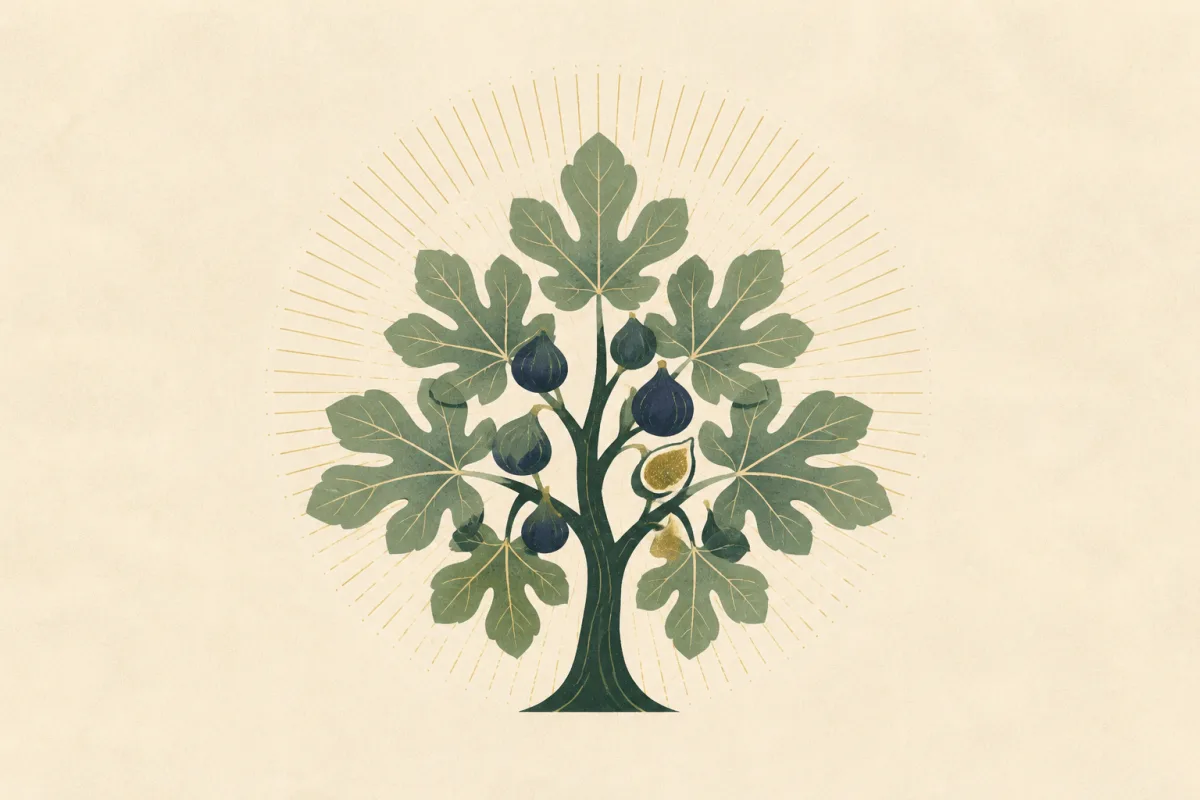 Ilustração em estilo gráfico: uma figueira com folhas largas, em tons de verde musgo e verde salvia.