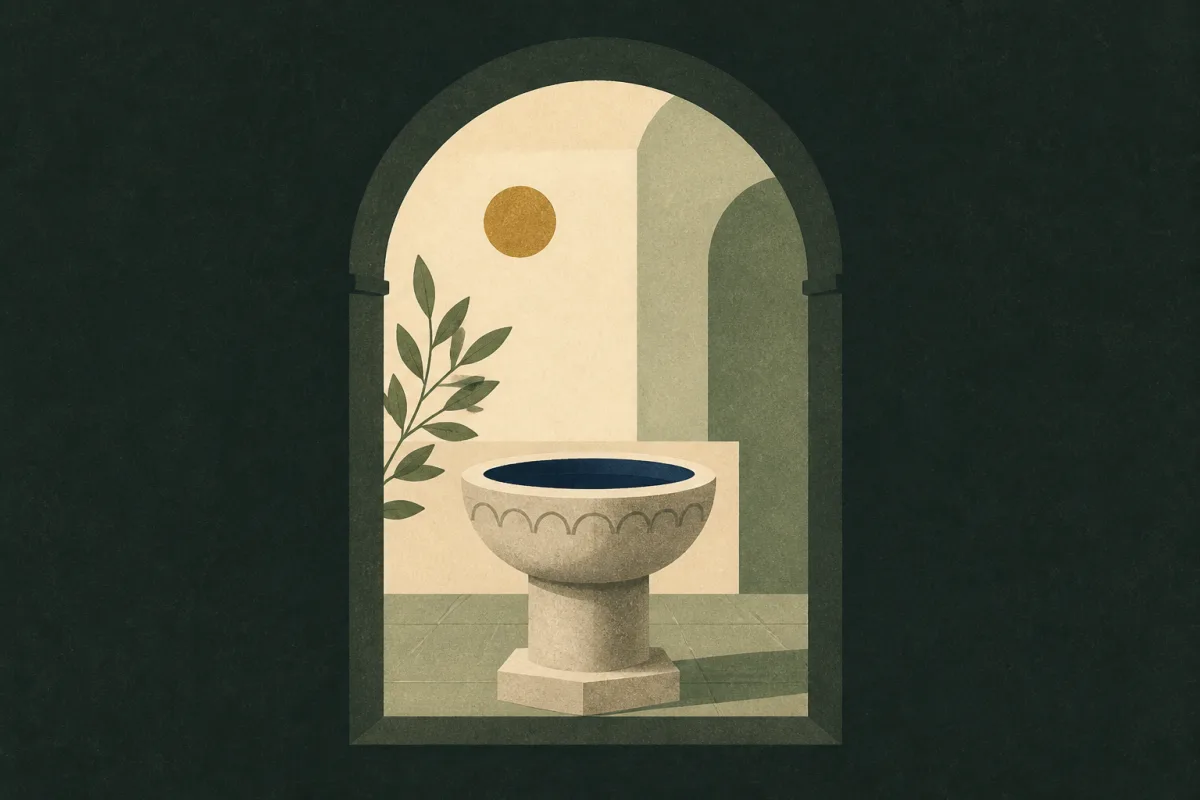 Ilustração em estilo gráfico: uma pia batismal simples de pedra, em tons de verde musgo e verde salvia.