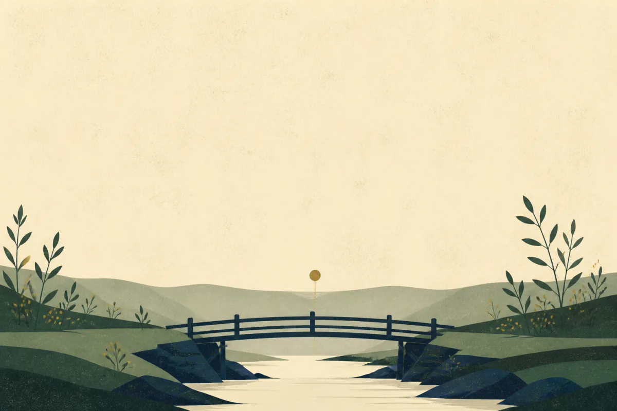 Ilustração em estilo gráfico: uma pequena ponte de madeira sobre um riacho, em tons de verde musgo e verde salvia.