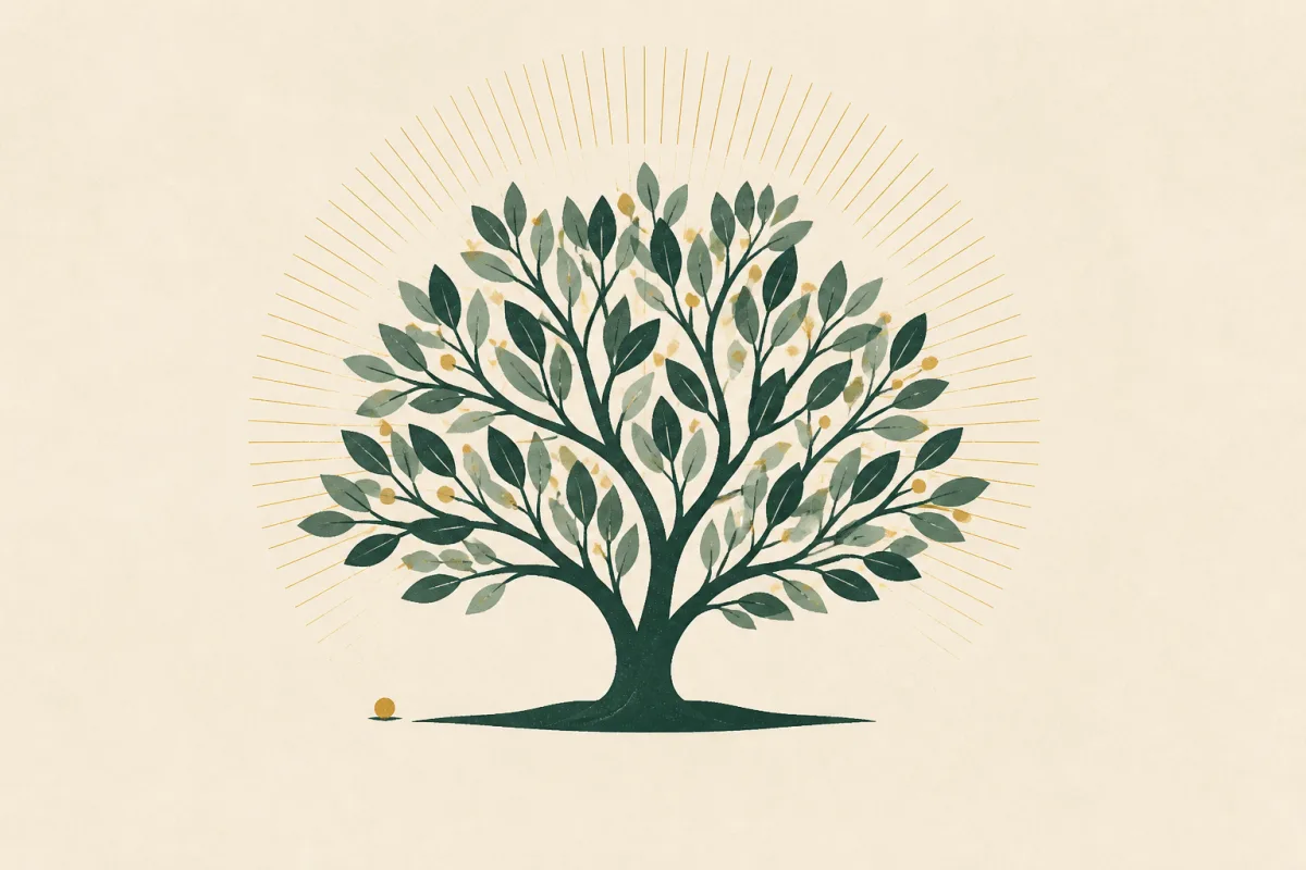 Ilustração em estilo gráfico: uma semente de mostarda ao lado de um arbusto grande e ramificado, em tons de verde musgo e verde salvia.