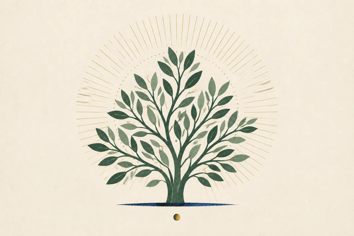 Ilustração em estilo gráfico: uma semente de mostarda ao lado de um arbusto grande e ramificado, em tons de verde musgo e verde salvia.