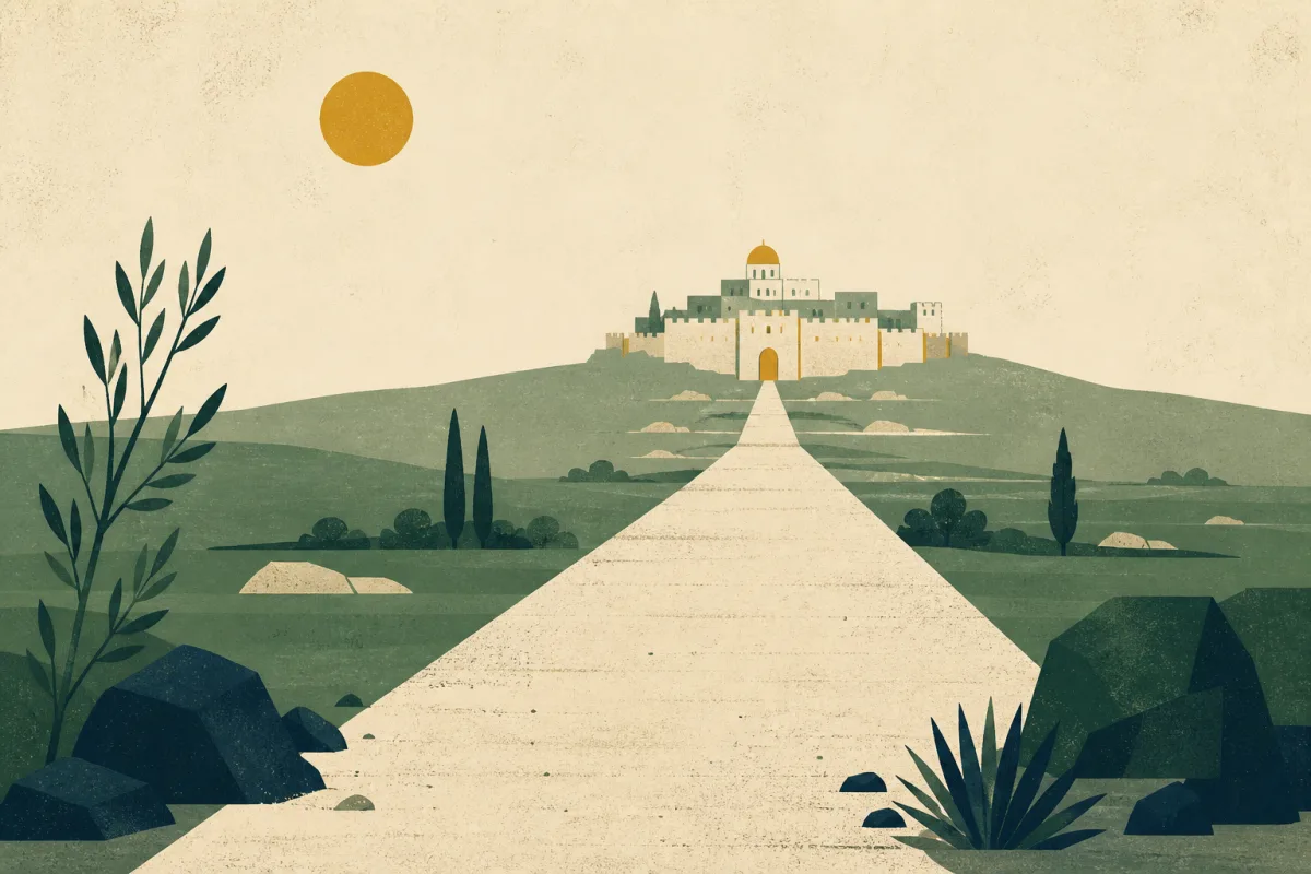 Ilustração em estilo gráfico: uma cidade murada sobre uma colina ao longe, em tons de verde musgo e verde salvia.