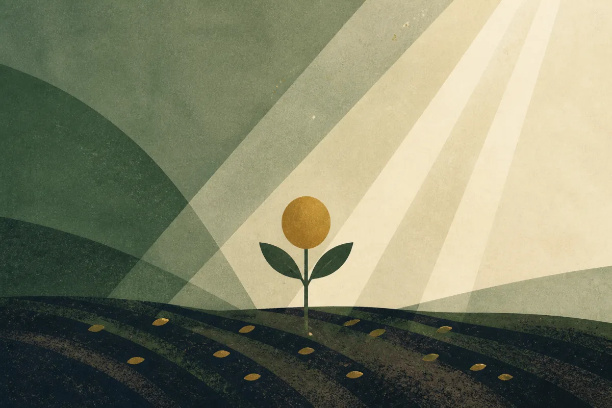 Ilustração em estilo gráfico: sementes espalhadas sobre terra arada, em tons de verde musgo e verde salvia.