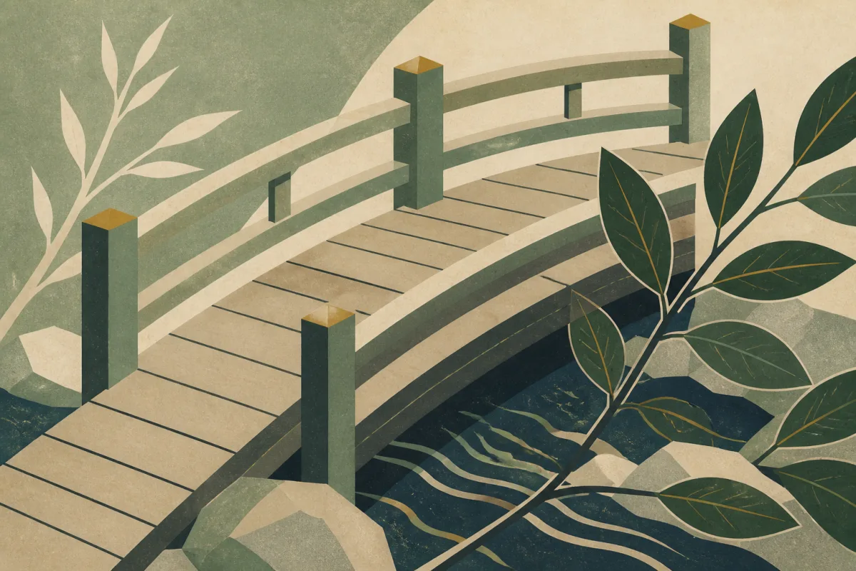 Ilustração em estilo gráfico: uma pequena ponte de madeira sobre um riacho, em tons de verde musgo e verde salvia.