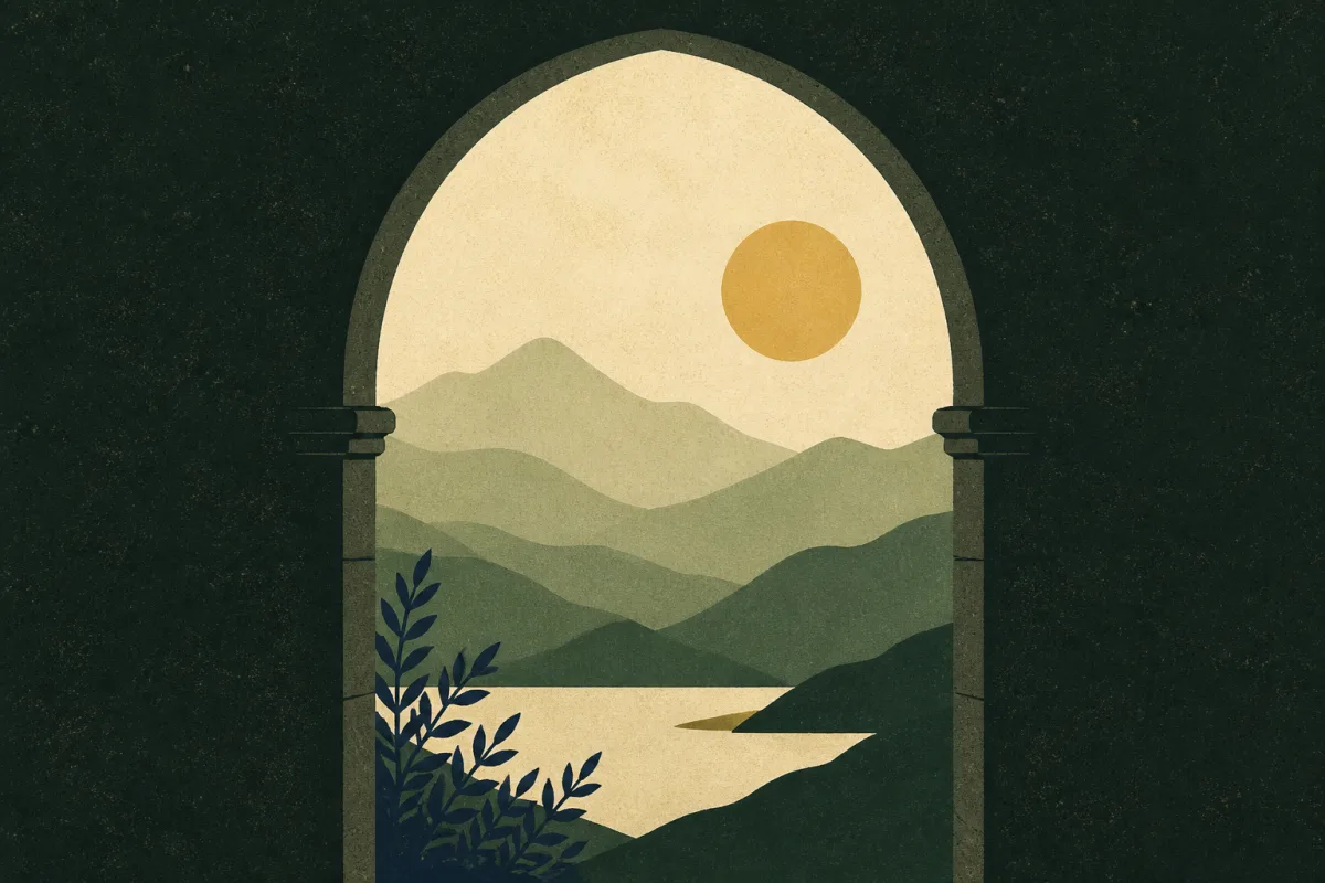 Ilustração em estilo gráfico: uma cadeia de montanhas em silhuetas planas sobrepostas, em tons de verde musgo e verde salvia.