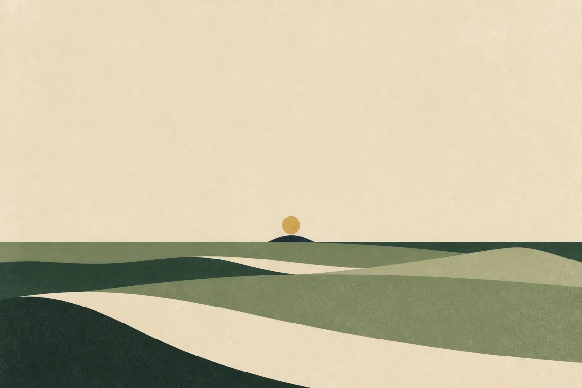 Ilustração em estilo gráfico: uma paisagem desértica com dunas moldadas pelo vento, em tons de verde musgo e verde salvia.