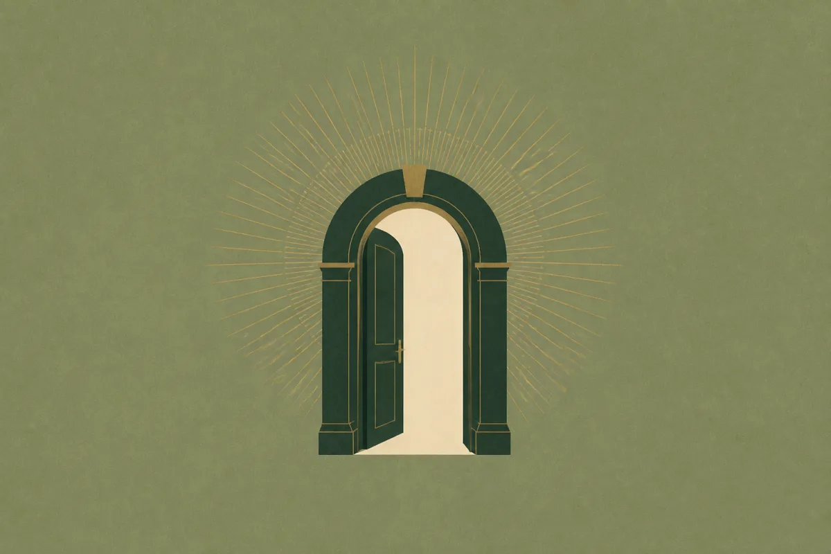 Ilustração em estilo gráfico: uma porta simples com luz além dela, em tons de verde musgo e verde salvia.