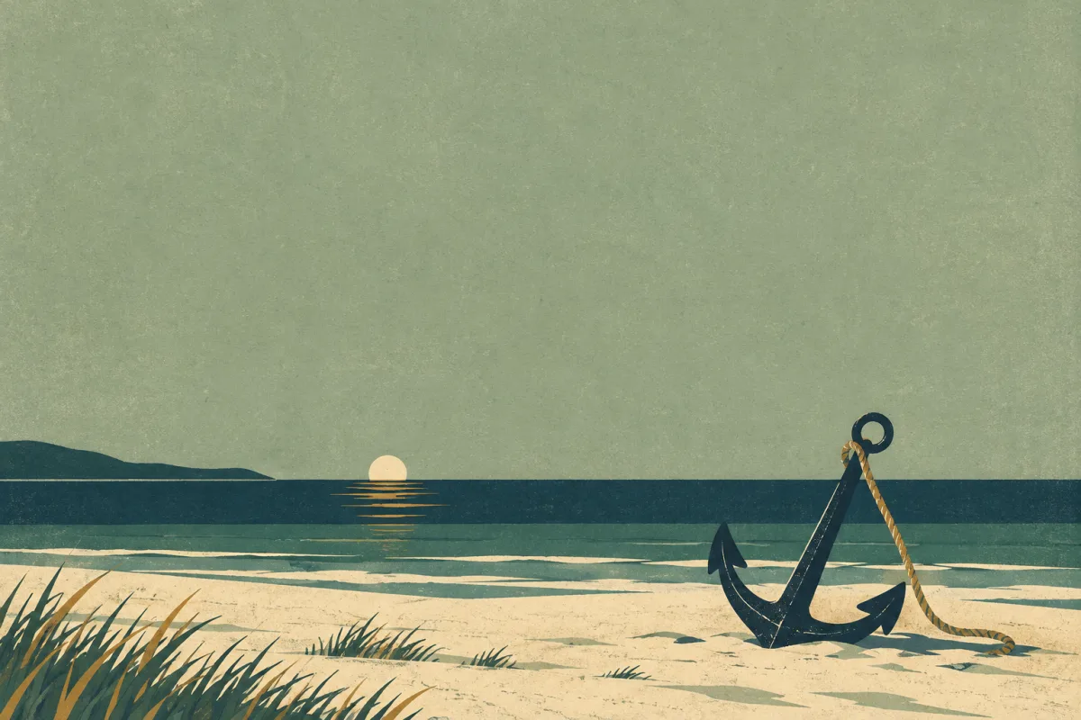 Ilustração em estilo gráfico: uma âncora de navio repousando na areia, em tons de verde musgo e verde salvia.