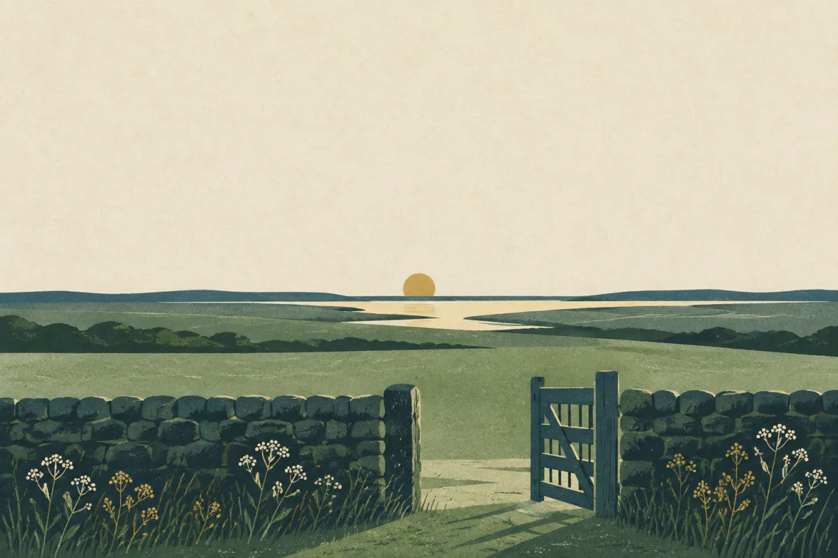 Ilustração em estilo gráfico: um portão de madeira aberto em um muro baixo de pedra, em tons de verde musgo e verde salvia.