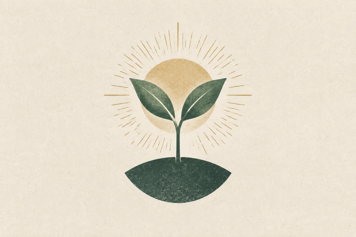 Ilustração em estilo gráfico: um broto com duas folhas, em tons de verde musgo e verde salvia.