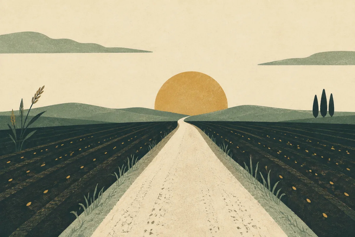 Ilustração em estilo gráfico: sementes espalhadas sobre terra arada, em tons de verde musgo e verde salvia.