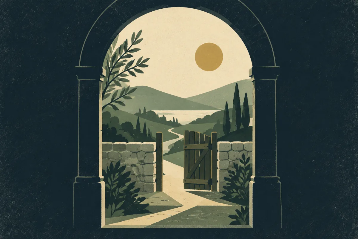 Ilustração em estilo gráfico: um portão de madeira aberto em um muro baixo de pedra, em tons de verde musgo e verde salvia.