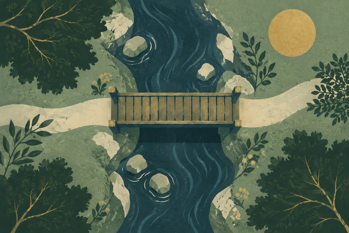 Ilustração em estilo gráfico: uma pequena ponte de madeira sobre um riacho, em tons de verde musgo e verde salvia.
