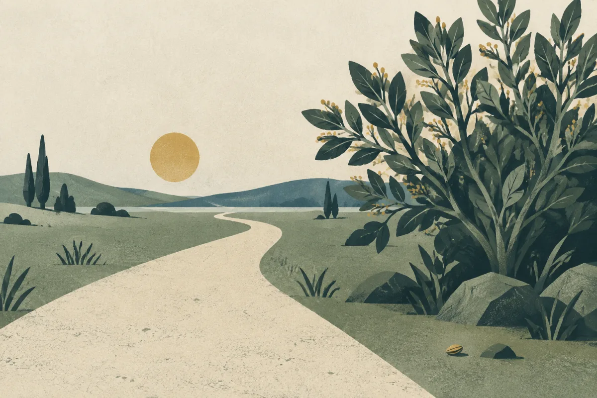 Ilustração em estilo gráfico: uma semente de mostarda ao lado de um arbusto grande e ramificado, em tons de verde musgo e verde salvia.