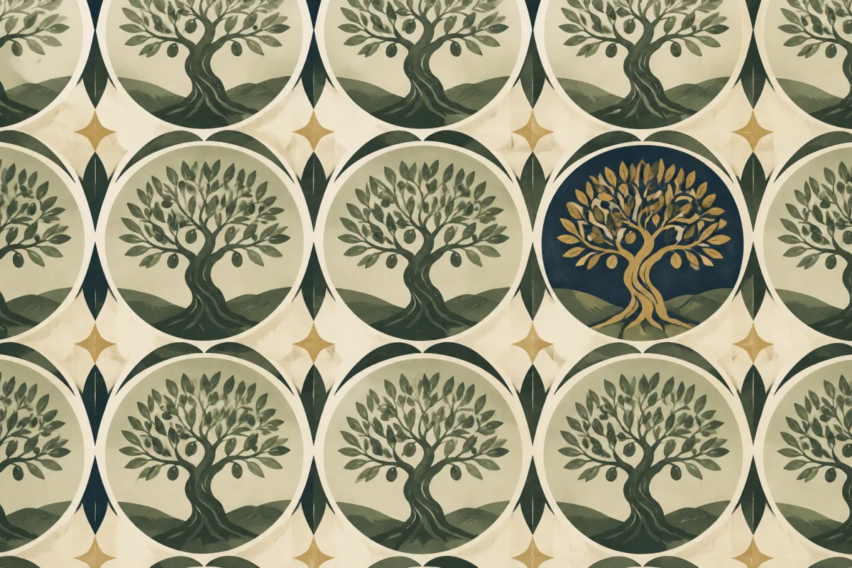 Ilustração em estilo gráfico: uma oliveira madura com tronco retorcido, em tons de verde musgo e verde salvia.