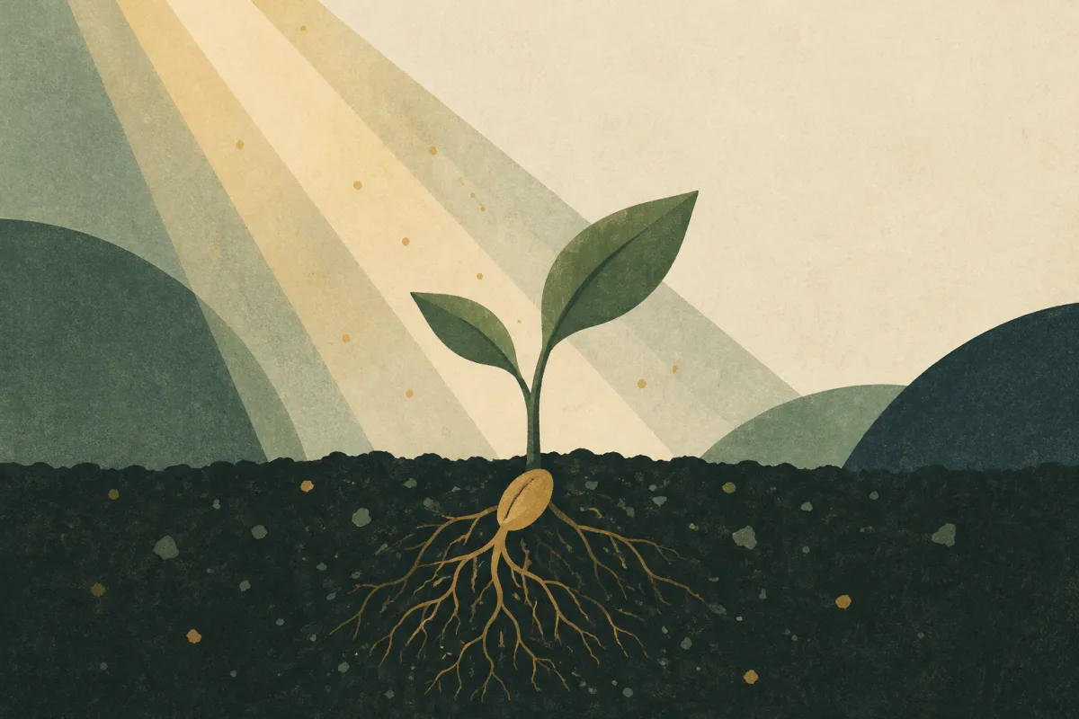 Ilustração em estilo gráfico: uma muda brotando de solo escuro, em vista de corte, em tons de verde musgo e verde salvia.