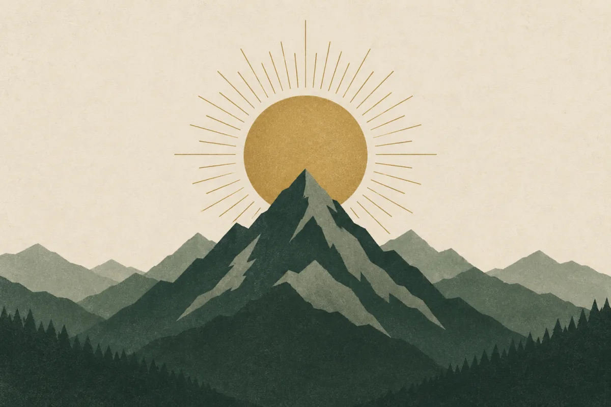 Ilustração em estilo gráfico: uma cadeia de montanhas em silhuetas planas sobrepostas, em tons de verde musgo e verde salvia.