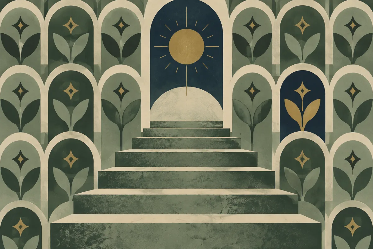 Ilustração em estilo gráfico: degraus de pedra gastos em subida, em tons de verde musgo e verde salvia.