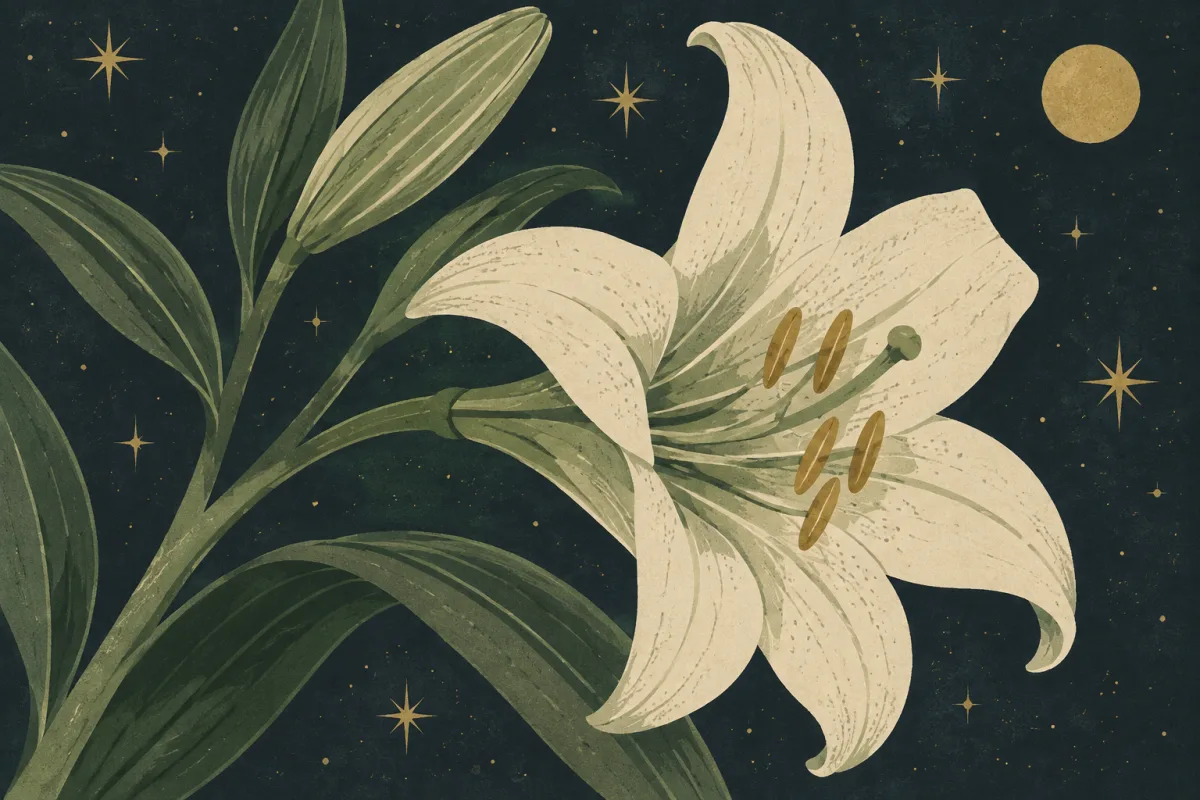 Ilustração em estilo gráfico: um campo de estrelas em um céu noturno profundo, em tons de verde musgo e verde salvia.