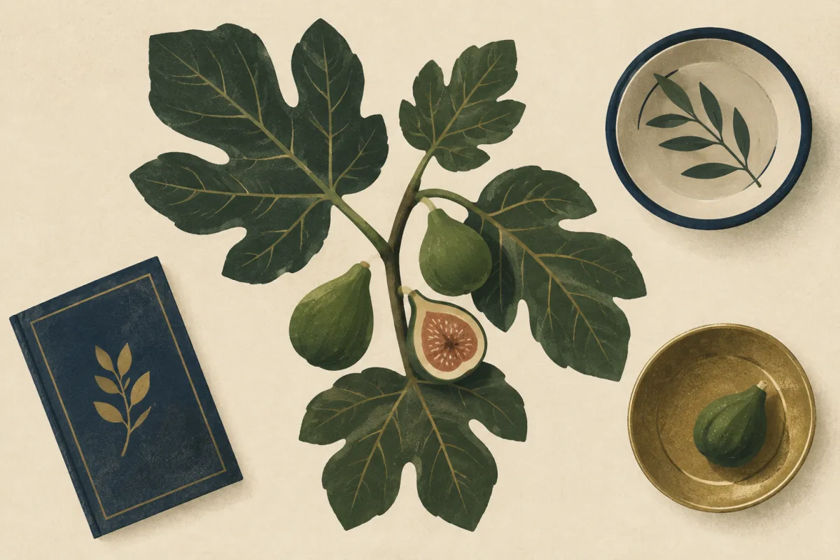 Ilustração em estilo gráfico: uma figueira com folhas largas, em tons de verde musgo e verde salvia.