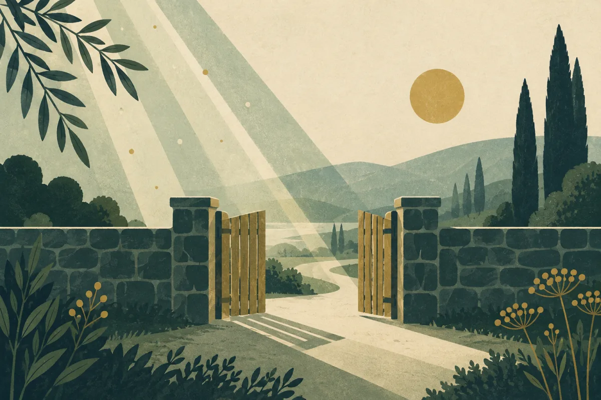 Ilustração em estilo gráfico: um portão de madeira aberto em um muro baixo de pedra, em tons de verde musgo e verde salvia.