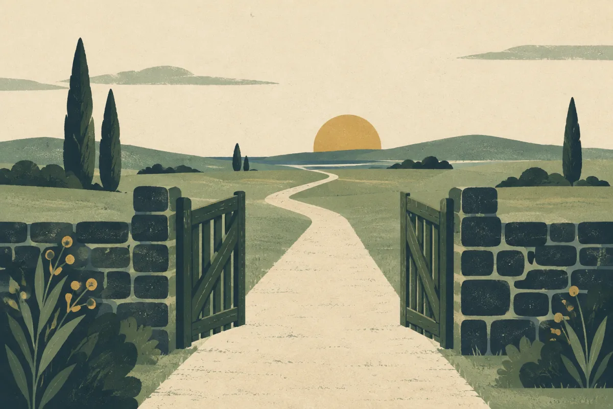 Ilustração em estilo gráfico: um portão de madeira aberto em um muro baixo de pedra, em tons de verde musgo e verde salvia.