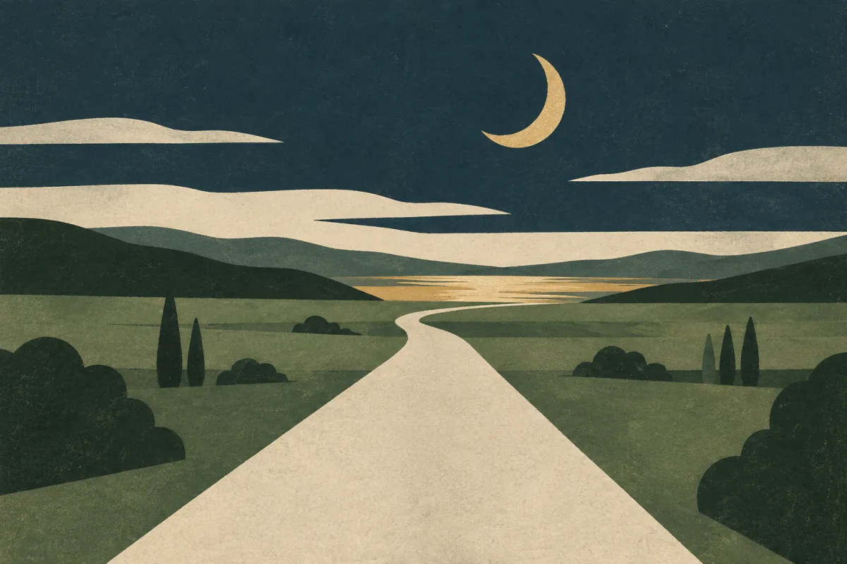 Ilustração em estilo gráfico: uma lua crescente sobre nuvens planas, em tons de verde musgo e verde salvia.
