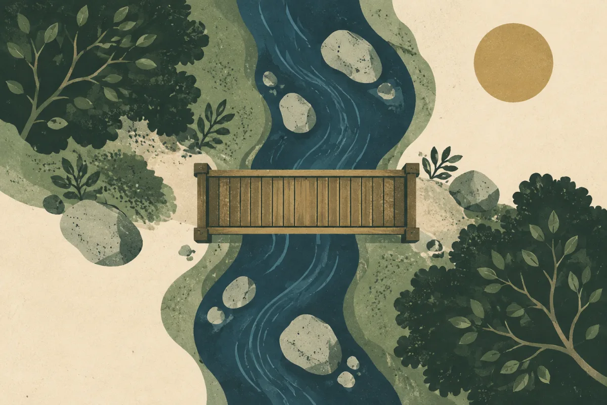 Ilustração em estilo gráfico: uma pequena ponte de madeira sobre um riacho, em tons de verde musgo e verde salvia.