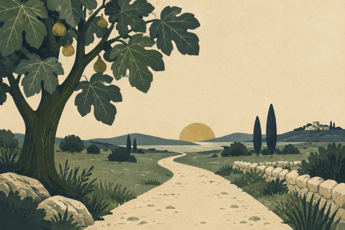 Ilustração em estilo gráfico: uma figueira com folhas largas, em tons de verde musgo e verde salvia.