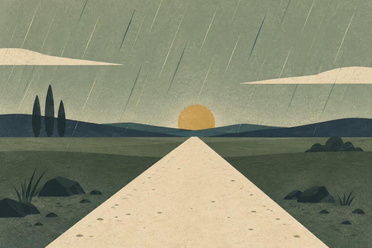Ilustração em estilo gráfico: chuva caindo em linhas diagonais finas sobre solo seco, em tons de verde musgo e verde salvia.