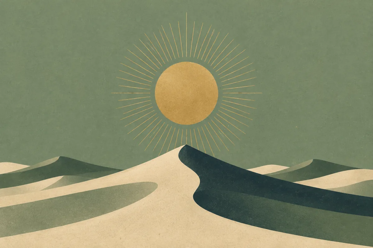 Ilustração em estilo gráfico: uma paisagem desértica com dunas moldadas pelo vento, em tons de verde musgo e verde salvia.
