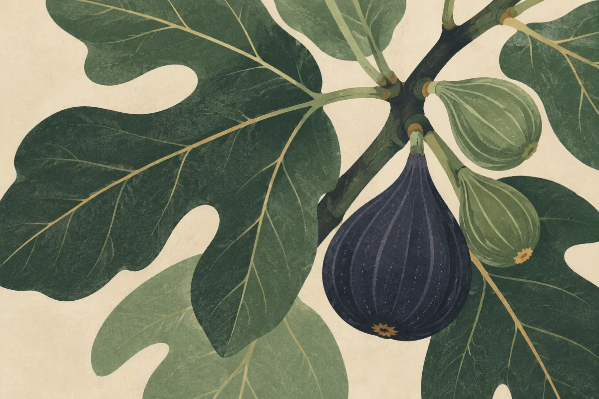 Ilustração em estilo gráfico: uma figueira com folhas largas, em tons de verde musgo e verde salvia.