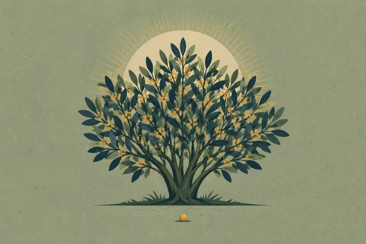 Ilustração em estilo gráfico: uma semente de mostarda ao lado de um arbusto grande e ramificado, em tons de verde musgo e verde salvia.