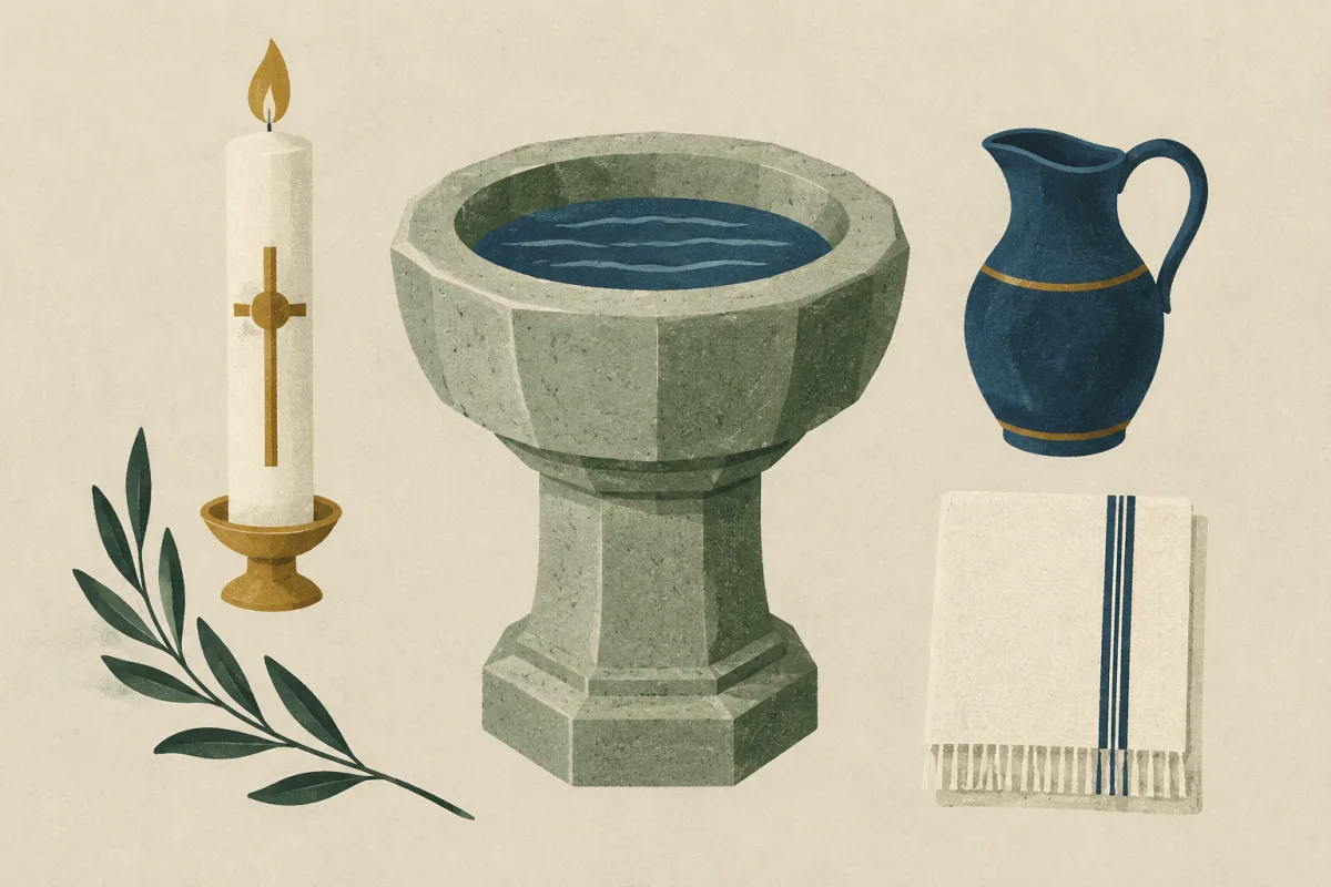 Ilustração em estilo gráfico: uma pia batismal simples de pedra, em tons de verde musgo e verde salvia.